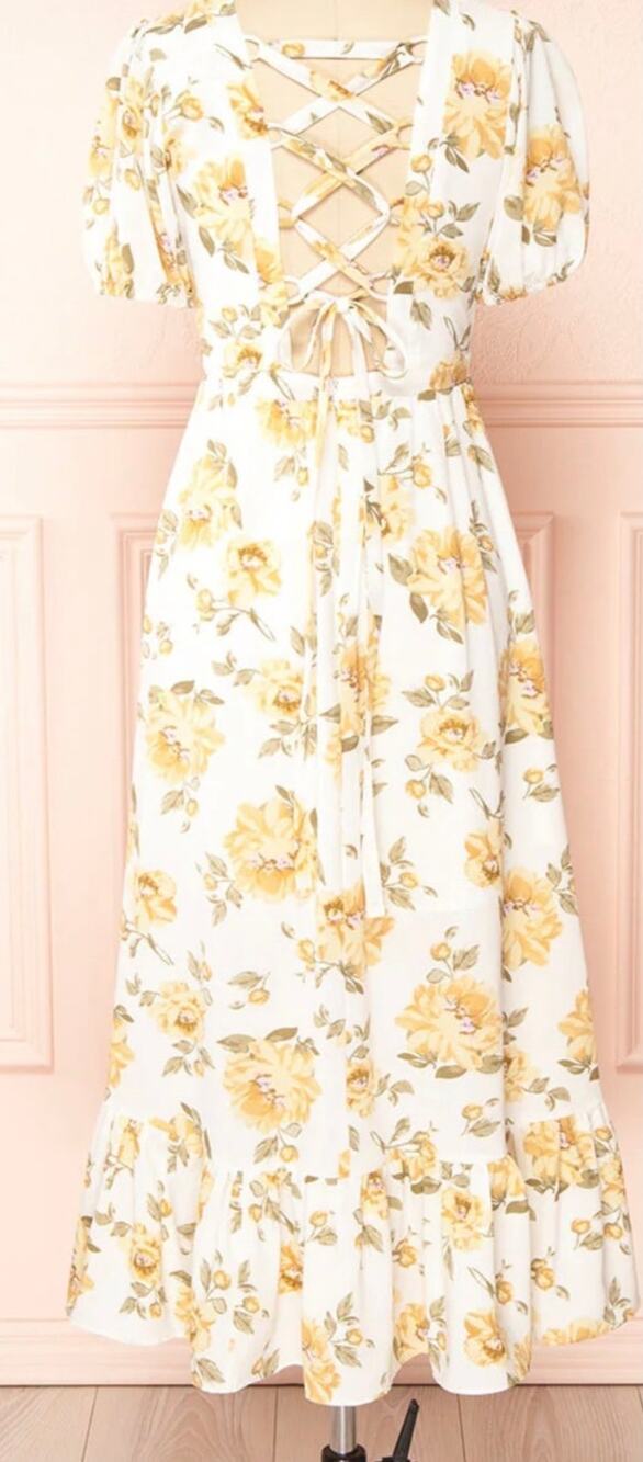 Cottagecore Milkmaid Lace-Up Back Midi Dress Yellow Floral Puff Sleeve S